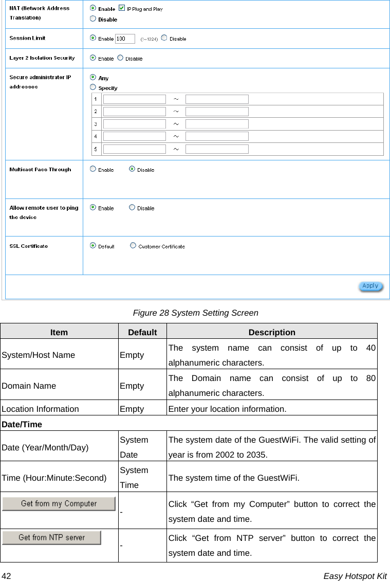 Figure 28 System Setting Screen Item  Default  Description System/Host Name  Empty  The system name can consist of up to 40 alphanumeric characters. Domain Name  Empty  The Domain name can consist of up to 80 alphanumeric characters. Location Information  Empty  Enter your location information. Date/Time Date (Year/Month/Day)  System Date The system date of the GuestWiFi. The valid setting of year is from 2002 to 2035. Time (Hour:Minute:Second)  System Time The system time of the GuestWiFi.  -  Click “Get from my Computer” button to correct the system date and time.  -  Click “Get from NTP server” button to correct the system date and time. Easy Hotspot Kit 42