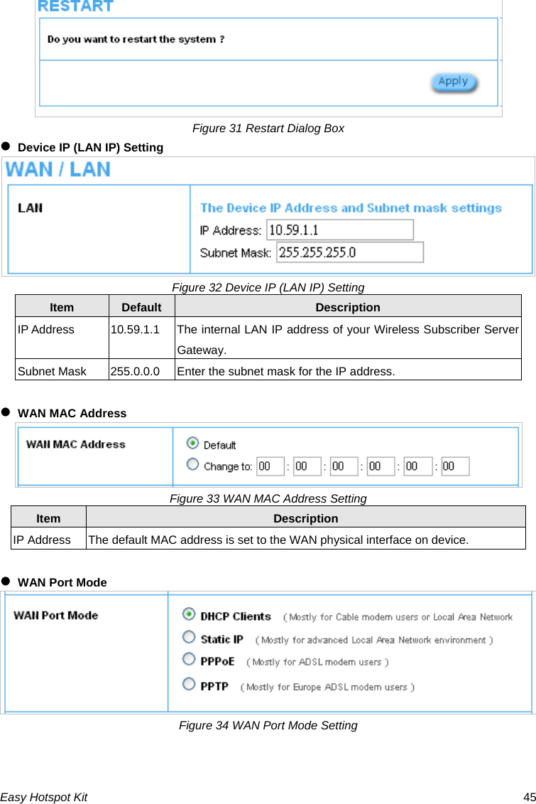  Figure 31 Restart Dialog Box z Device IP (LAN IP) Setting  Figure 32 Device IP (LAN IP) Setting Item  Default Description IP Address  10.59.1.1  The internal LAN IP address of your Wireless Subscriber Server Gateway. Subnet Mask  255.0.0.0  Enter the subnet mask for the IP address.  z WAN MAC Address  Figure 33 WAN MAC Address Setting Item  Description IP Address  The default MAC address is set to the WAN physical interface on device.  z WAN Port Mode Figure 34 WAN Port Mode Setting Easy Hotspot Kit  45 