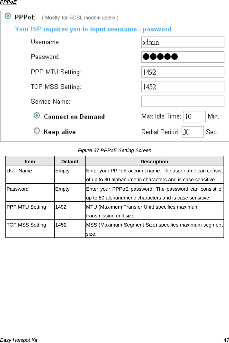 PPPoE Figure 37 PPPoE Setting Screen Item  Default  Description User Name  Empty  Enter your PPPoE account name. The user name can consist of up to 80 alphanumeric characters and is case sensitive. Password  Empty  Enter your PPPoE password. The password can consist of up to 80 alphanumeric characters and is case sensitive. PPP MTU Setting  1492  MTU (Maximum Transfer Unit) specifies maximum transmission unit size. TCP MSS Setting  1452  MSS (Maximum Segment Size) specifies maximum segment size. Easy Hotspot Kit  47 