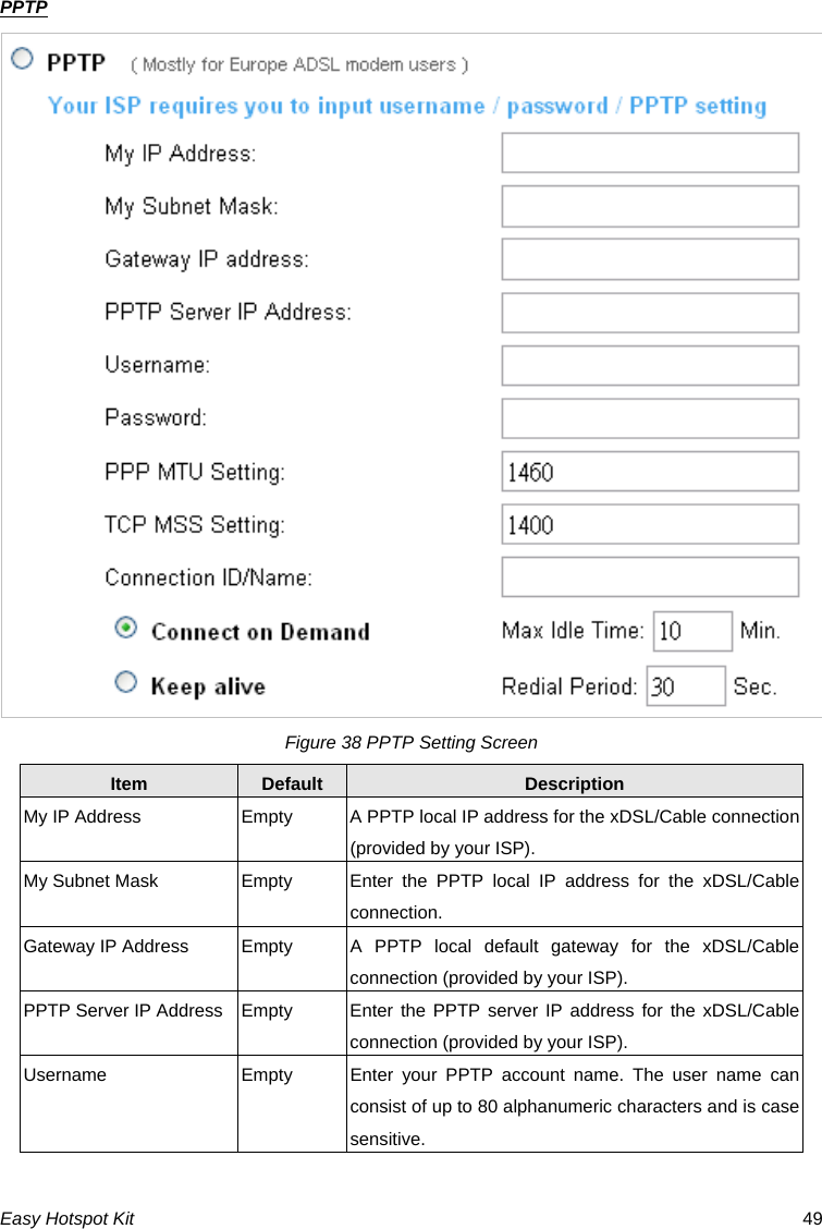 PPTP Figure 38 PPTP Setting Screen Item  Default  Description My IP Address  Empty  A PPTP local IP address for the xDSL/Cable connection (provided by your ISP). My Subnet Mask  Empty  Enter the PPTP local IP address for the xDSL/Cable connection. Gateway IP Address  Empty  A PPTP local default gateway for the xDSL/Cable connection (provided by your ISP). PPTP Server IP Address Empty  Enter the  PPTP server IP address for the xDSL/Cable connection (provided by your ISP). Username  Empty  Enter your PPTP account name. The user name can consist of up to 80 alphanumeric characters and is case sensitive. Easy Hotspot Kit  49 