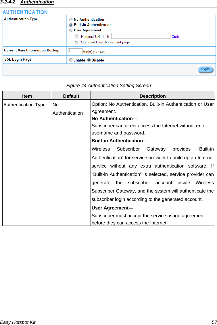 3-2-4-2  Authentication  Figure 44 Authentication Setting Screen Item  Default  Description Authentication Type  No Authentication Option: No Authentication, Built-in Authentication or User Agreement. No Authentication― Subscriber can direct access the Internet without enter username and password. Built-in Authentication― Wireless Subscriber Gateway provides “Built-in Authentication” for service provider to build up an Internet service without any extra authentication software. If “Built-in Authentication” is selected, service provider can generate the subscriber account inside Wireless Subscriber Gateway, and the system will authenticate the subscriber login according to the generated account. User Agreement― Subscriber must accept the service usage agreement before they can access the Internet. Easy Hotspot Kit  57 