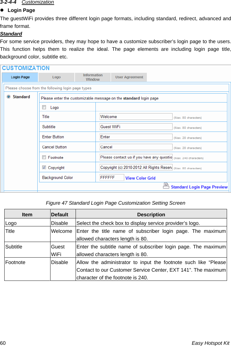3-2-4-4  Customization z Login Page  The guestWiFi provides three different login page formats, including standard, redirect, advanced and frame format. Standard For some service providers, they may hope to have a customize subscriber’s login page to the users. This function helps them to realize the ideal. The page elements are including login page title, background color, subtitle etc.   Figure 47 Standard Login Page Customization Setting Screen Item  Default  Description Logo  Disable  Select the check box to display service provider’s logo. Title  Welcome Enter the title name of subscriber login page. The maximum allowed characters length is 80. Subtitle Guest WiFi Enter the subtitle name of subscriber login page. The maximum allowed characters length is 80. Footnote  Disable  Allow the administrator to input the footnote such like “Please Contact to our Customer Service Center, EXT 141”. The maximum character of the footnote is 240. Easy Hotspot Kit 60