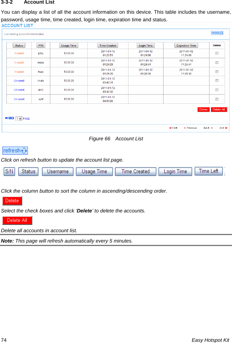 3-3-2  Account List You can display a list of all the account information on this device. This table includes the username, password, usage time, time created, login time, expiration time and status.  Figure 66  Account List Easy Hotspot Kit 74 Click on refresh button to update the account list page.  Click the column button to sort the column in ascending/descending order.  Select the check boxes and click ‘Delete’ to delete the accounts.  Delete all accounts in account list. Note: This page will refresh automatically every 5 minutes. 