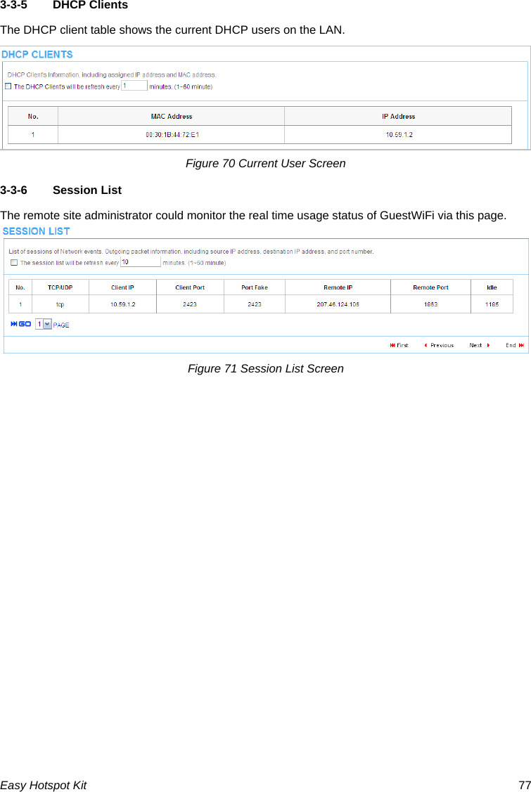 3-3-5  DHCP Clients The DHCP client table shows the current DHCP users on the LAN. Figure 70 Current User Screen 3-3-6  Session List The remote site administrator could monitor the real time usage status of GuestWiFi via this page. Figure 71 Session List Screen  Easy Hotspot Kit  77 