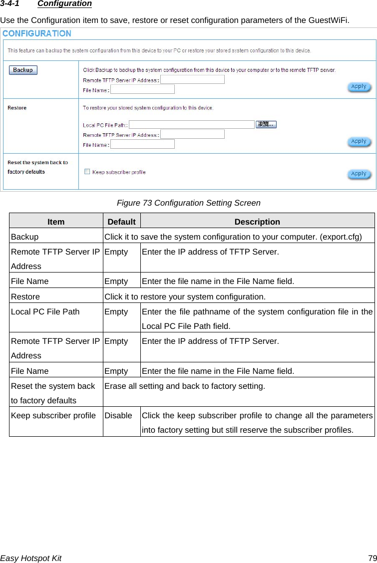 3-4-1  Configuration Use the Configuration item to save, restore or reset configuration parameters of the GuestWiFi. Figure 73 Configuration Setting Screen Default Description Item Backup  Click it to save the system configuration to your computer. (export.cfg) Remote TFTP Server IP Address Empty  Enter the IP address of TFTP Server. File Name  Empty  Enter the file name in the File Name field. Restore  Click it to restore your system configuration. Local PC File Path  Empty  Enter the file pathname of the system configuration file in the Local PC File Path field. Remote TFTP Server IP Address Empty  Enter the IP address of TFTP Server. File Name  Empty  Enter the file name in the File Name field. Reset the system back to factory defaults Erase all setting and back to factory setting. Keep subscriber profile  Disable Click the keep subscriber profile to change all the parameters into factory setting but still reserve the subscriber profiles. Easy Hotspot Kit  79 