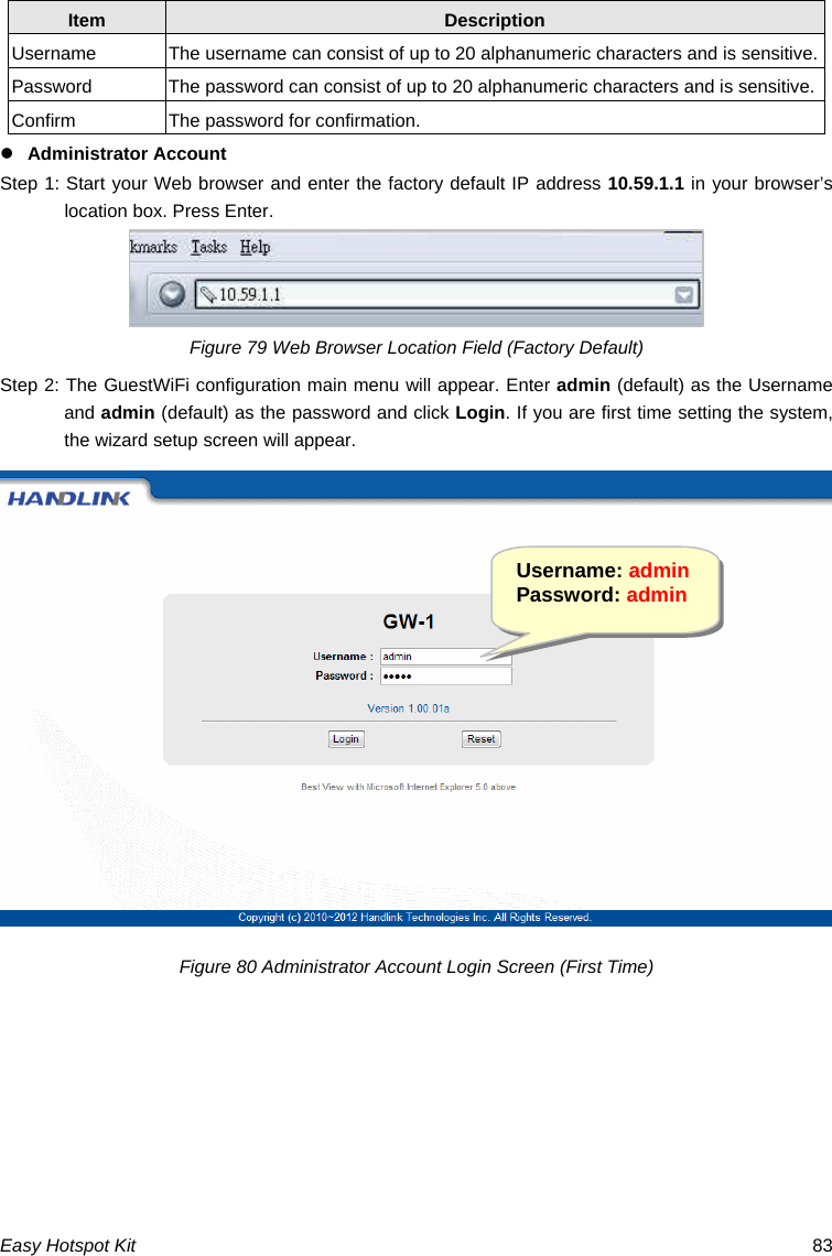 Item  Description Username  The username can consist of up to 20 alphanumeric characters and is sensitive. Password  The password can consist of up to 20 alphanumeric characters and is sensitive. Confirm  The password for confirmation. z Administrator Account Step 1: Start your Web browser and enter the factory default IP address 10.59.1.1 in your browser’s location box. Press Enter. Figure 79 Web Browser Location Field (Factory Default) Step 2: The GuestWiFi configuration main menu will appear. Enter admin (default) as the Username and admin (default) as the password and click Login. If you are first time setting the system, the wizard setup screen will appear. Figure 80 Administrator Account Login Screen (First Time) Username: adminPassword: admin Easy Hotspot Kit  83 