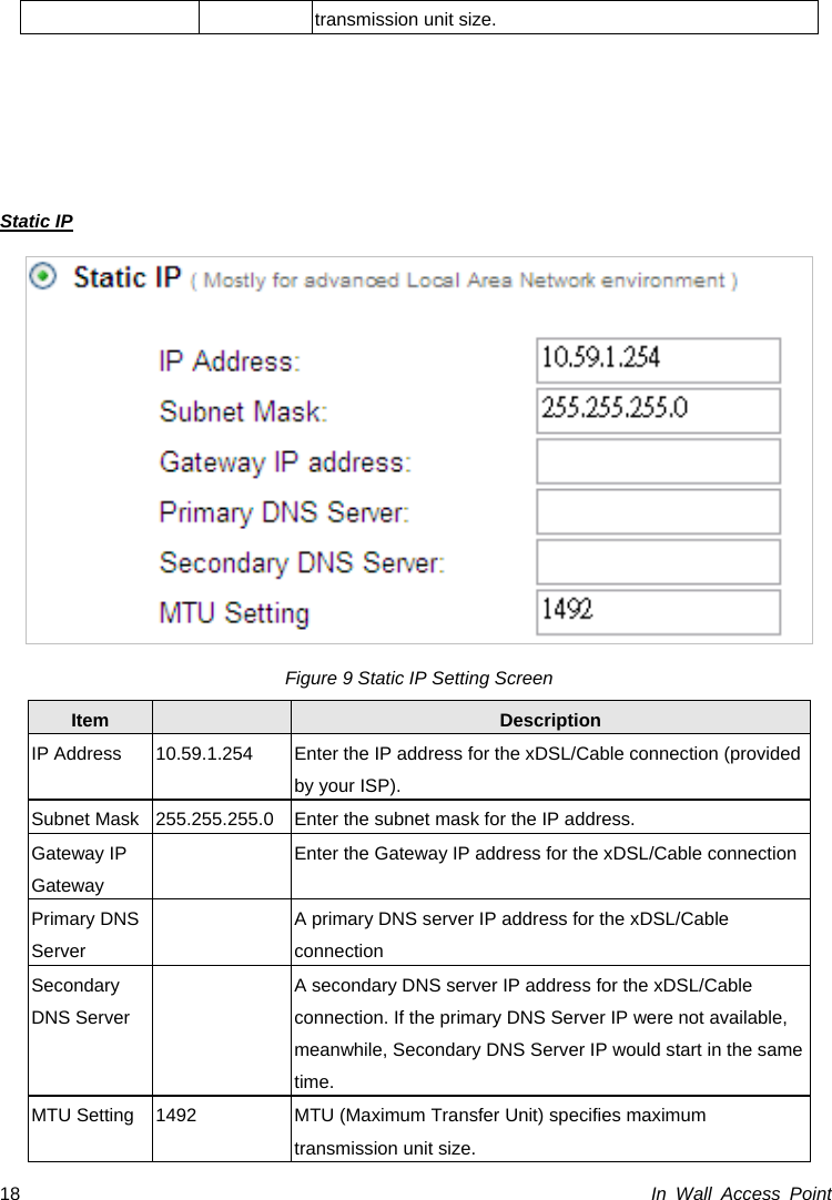  In Wall Access Point 18transmission unit size.     Static IP  Figure 9 Static IP Setting Screen Item   Description IP Address  10.59.1.254  Enter the IP address for the xDSL/Cable connection (provided by your ISP). Subnet Mask 255.255.255.0  Enter the subnet mask for the IP address. Gateway IP Gateway   Enter the Gateway IP address for the xDSL/Cable connection Primary DNS Server   A primary DNS server IP address for the xDSL/Cable connection  Secondary DNS Server   A secondary DNS server IP address for the xDSL/Cable connection. If the primary DNS Server IP were not available, meanwhile, Secondary DNS Server IP would start in the same time. MTU Setting  1492  MTU (Maximum Transfer Unit) specifies maximum transmission unit size. 