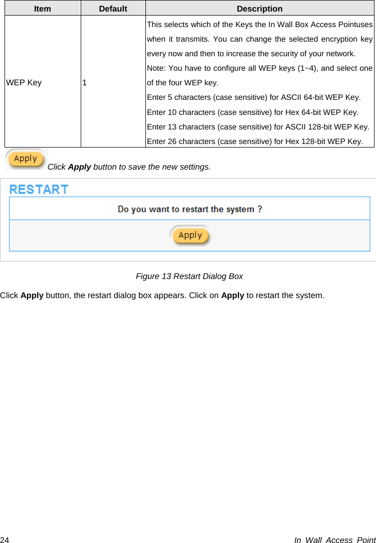  In Wall Access Point 24Item  Default  Description WEP Key  1 This selects which of the Keys the In Wall Box Access Pointuses when it transmits. You can change the selected encryption key every now and then to increase the security of your network. Note: You have to configure all WEP keys (1~4), and select one of the four WEP key. Enter 5 characters (case sensitive) for ASCII 64-bit WEP Key. Enter 10 characters (case sensitive) for Hex 64-bit WEP Key. Enter 13 characters (case sensitive) for ASCII 128-bit WEP Key. Enter 26 characters (case sensitive) for Hex 128-bit WEP Key. Click Apply button to save the new settings.  Figure 13 Restart Dialog Box Click Apply button, the restart dialog box appears. Click on Apply to restart the system.  