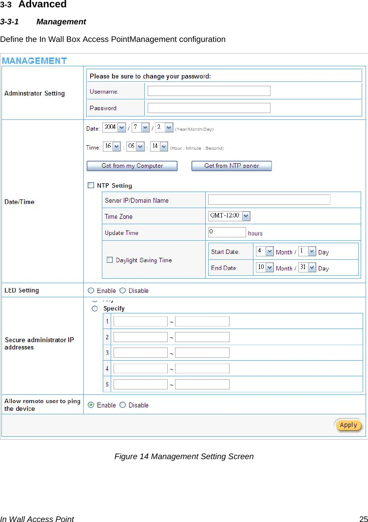  In Wall Access Point  25 3-3  Advanced 3-3-1 Management  Define the In Wall Box Access PointManagement configuration  Figure 14 Management Setting Screen   