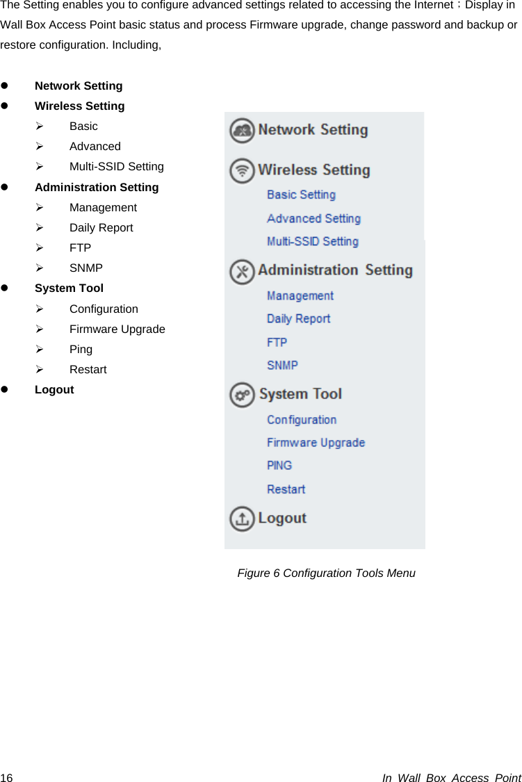 In Wall Box Access Point 16 The Setting enables you to configure advanced settings related to accessing the Internet；Display in Wall Box Access Point basic status and process Firmware upgrade, change password and backup or restore configuration. Including,  z Network Setting z Wireless Setting ¾ Basic ¾ Advanced ¾ Multi-SSID Setting z Administration Setting ¾ Management ¾ Daily Report ¾ FTP ¾ SNMP z System Tool ¾ Configuration ¾ Firmware Upgrade ¾ Ping ¾ Restart z Logout                               Figure 6 Configuration Tools Menu        