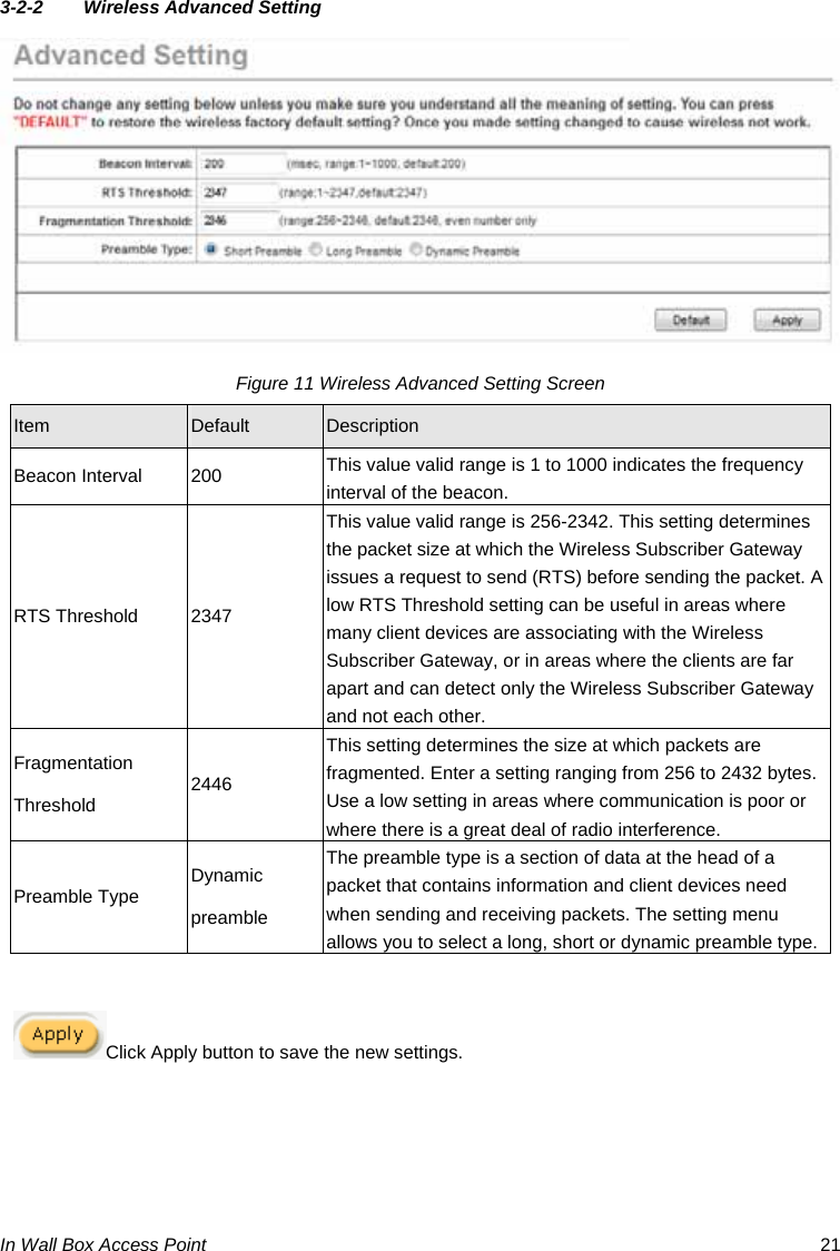 In Wall Box Access Point  21 3-2-2  Wireless Advanced Setting  Figure 11 Wireless Advanced Setting Screen Item  Default  Description Beacon Interval  200  This value valid range is 1 to 1000 indicates the frequency interval of the beacon. RTS Threshold  2347 This value valid range is 256-2342. This setting determines the packet size at which the Wireless Subscriber Gateway issues a request to send (RTS) before sending the packet. A low RTS Threshold setting can be useful in areas where many client devices are associating with the Wireless Subscriber Gateway, or in areas where the clients are far apart and can detect only the Wireless Subscriber Gateway and not each other. Fragmentation Threshold  2446 This setting determines the size at which packets are fragmented. Enter a setting ranging from 256 to 2432 bytes. Use a low setting in areas where communication is poor or where there is a great deal of radio interference. Preamble Type  Dynamic preamble The preamble type is a section of data at the head of a packet that contains information and client devices need when sending and receiving packets. The setting menu allows you to select a long, short or dynamic preamble type.    Click Apply button to save the new settings.  