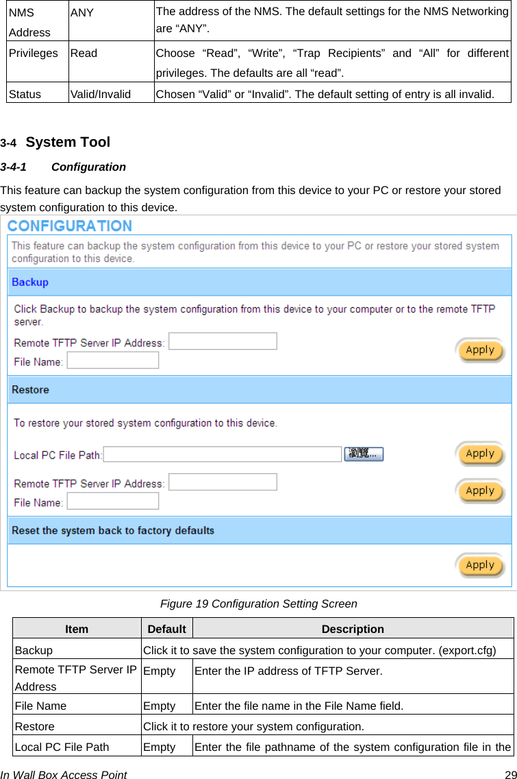 In Wall Box Access Point  29 NMS Address ANY  The address of the NMS. The default settings for the NMS Networking are “ANY”. Privileges  Read  Choose “Read”, “Write”, “Trap Recipients” and “All” for different privileges. The defaults are all “read”. Status  Valid/Invalid  Chosen “Valid” or “Invalid”. The default setting of entry is all invalid.  3-4  System Tool 3-4-1 Configuration This feature can backup the system configuration from this device to your PC or restore your stored system configuration to this device.  Figure 19 Configuration Setting Screen Item  Default Description Backup  Click it to save the system configuration to your computer. (export.cfg) Remote TFTP Server IP Address Empty  Enter the IP address of TFTP Server. File Name  Empty  Enter the file name in the File Name field. Restore  Click it to restore your system configuration. Local PC File Path  Empty  Enter the file pathname of the system configuration file in the 