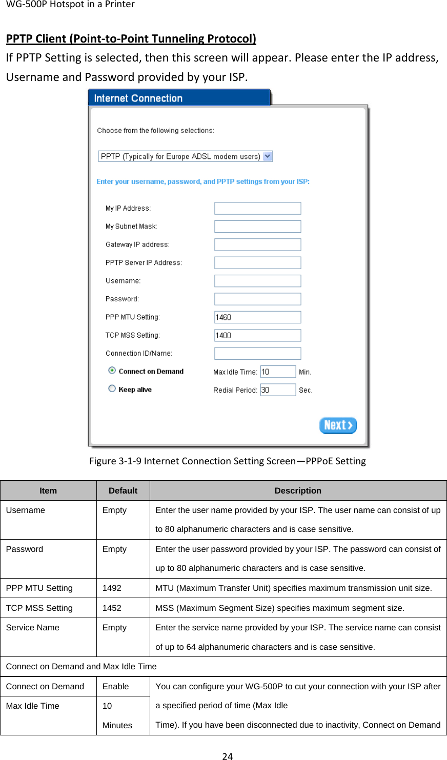 WG‐500PHotspotinaPrinter24PPTPClient(Point‐to‐PointTunnelingProtocol)IfPPTPSettingisselected,thenthisscreenwillappear.PleaseentertheIPaddress,UsernameandPasswordprovidedbyyourISP.Figure3‐1‐9InternetConnectionSettingScreen—PPPoESettingItemDefaultDescriptionUsernameEmptyEnter the user name provided by your ISP. The user name can consist of up to 80 alphanumeric characters and is case sensitive. PasswordEmptyEnter the user password provided by your ISP. The password can consist of up to 80 alphanumeric characters and is case sensitive. PPP MTU Setting1492MTU (Maximum Transfer Unit) specifies maximum transmission unit size. TCP MSS Setting1452MSS (Maximum Segment Size) specifies maximum segment size.Service NameEmptyEnter the service name provided by your ISP. The service name can consist of up to 64 alphanumeric characters and is case sensitive. Connect on Demand and Max Idle TimeConnect on Demand  EnableYou can configure your WG-500P to cut your connection with your ISP after a specified period of time (Max Idle Time). If you have been disconnected due to inactivity, Connect on Demand Max Idle Time10 Minutes 