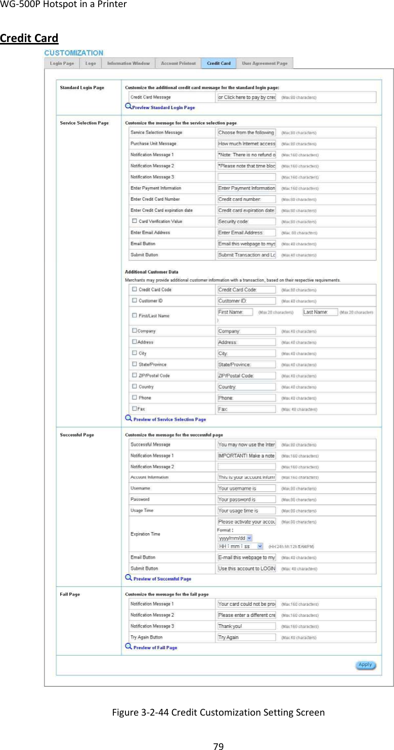 WG‐500PHotspotinaPrinter79CreditCardFigure3‐2‐44CreditCustomizationSettingScreen