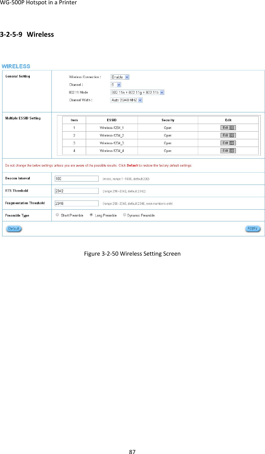 WG‐500PHotspotinaPrinter873‐2‐5‐9 WirelessFigure3‐2‐50WirelessSettingScreen