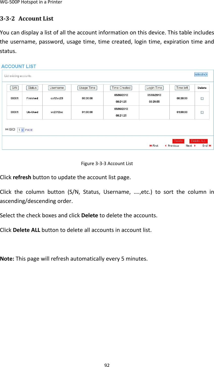 WG‐500PHotspotinaPrinter92332 AccountListYoucandisplayalistofalltheaccountinformationonthisdevice.Thistableincludestheusername,password,usagetime,timecreated,logintime,expirationtimeandstatus.Figure3‐3‐3AccountListClickrefreshbuttontoupdatetheaccountlistpage.Clickthecolumnbutton(S/N,Status,Username,….,etc.)tosortthecolumninascending/descendingorder.SelectthecheckboxesandclickDeletetodeletetheaccounts.ClickDeleteALLbuttontodeleteallaccountsinaccountlist.Note:Thispagewillrefreshautomaticallyevery5minutes.