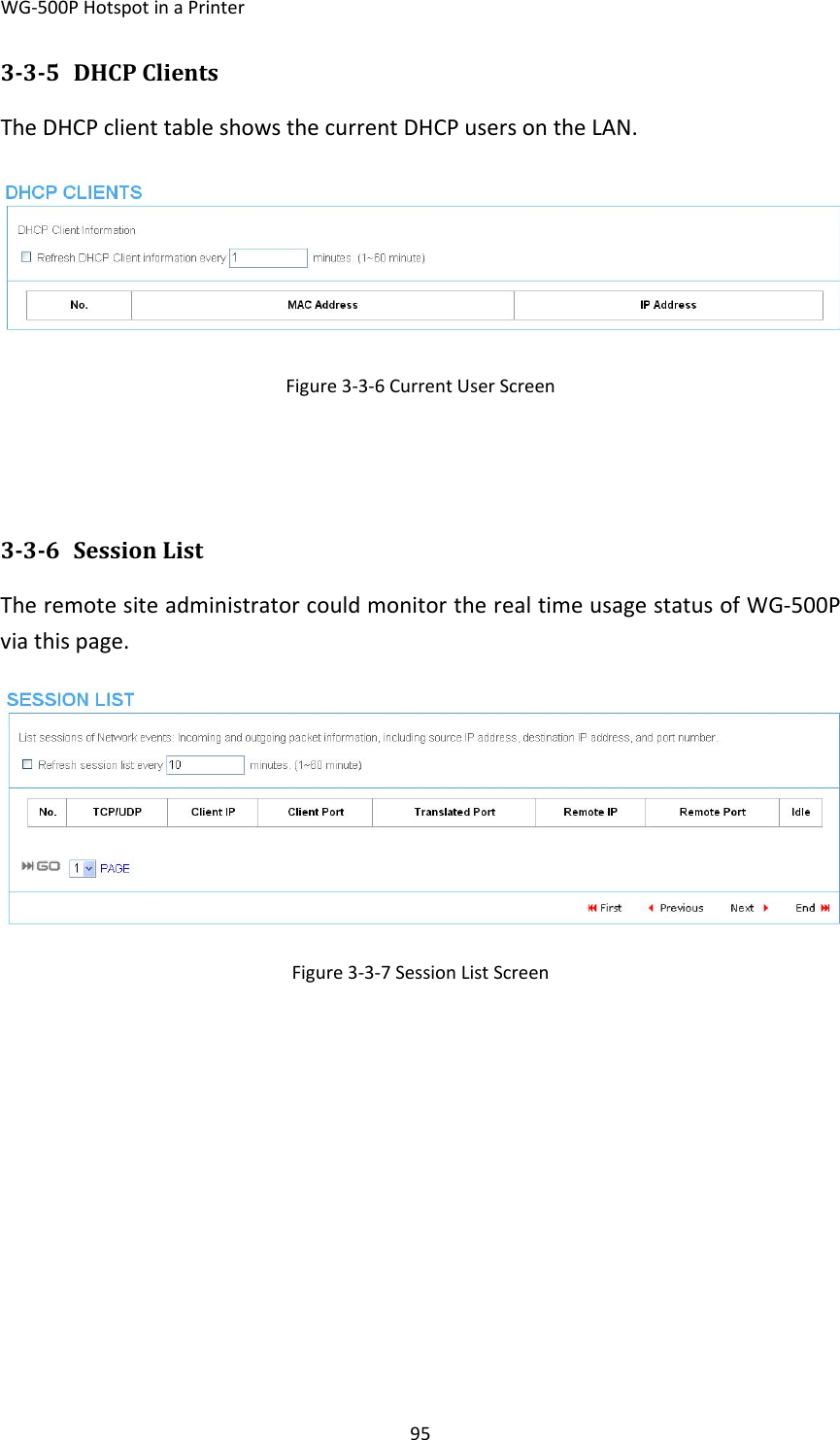 WG‐500PHotspotinaPrinter95335 DHCPClientsTheDHCPclienttableshowsthecurrentDHCPusersontheLAN.Figure3‐3‐6CurrentUserScreen336 SessionListTheremotesiteadministratorcouldmonitortherealtimeusagestatusofWG‐500Pviathispage.Figure3‐3‐7SessionListScreen