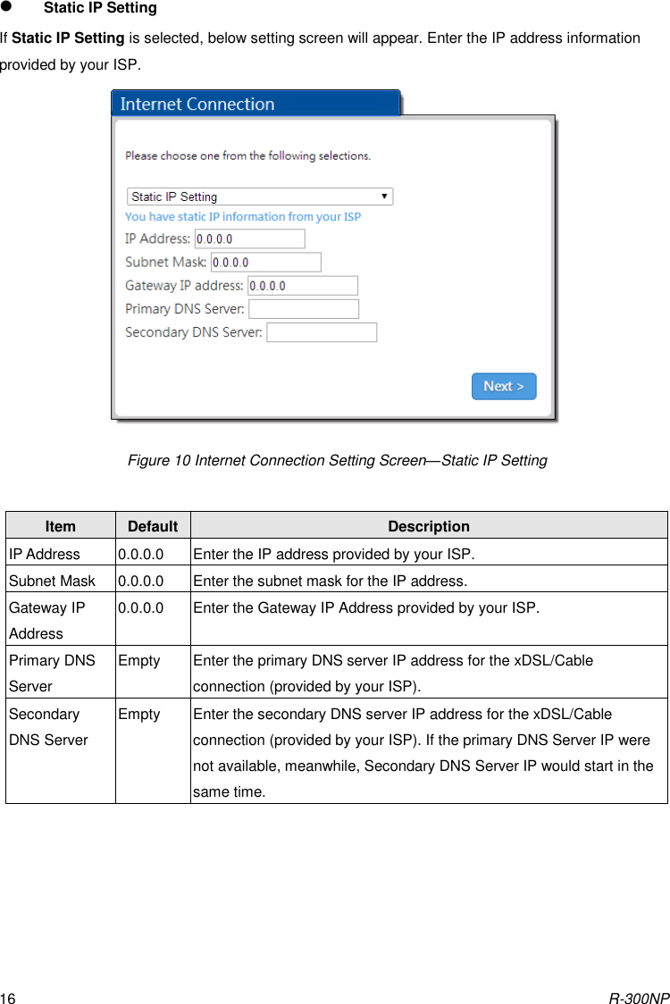 R-300NP 16  Static IP Setting If Static IP Setting is selected, below setting screen will appear. Enter the IP address information provided by your ISP.  Figure 10 Internet Connection Setting Screen—Static IP Setting  Item Default Description IP Address 0.0.0.0 Enter the IP address provided by your ISP. Subnet Mask 0.0.0.0 Enter the subnet mask for the IP address. Gateway IP Address 0.0.0.0 Enter the Gateway IP Address provided by your ISP. Primary DNS Server Empty Enter the primary DNS server IP address for the xDSL/Cable connection (provided by your ISP). Secondary DNS Server Empty Enter the secondary DNS server IP address for the xDSL/Cable connection (provided by your ISP). If the primary DNS Server IP were not available, meanwhile, Secondary DNS Server IP would start in the same time.   