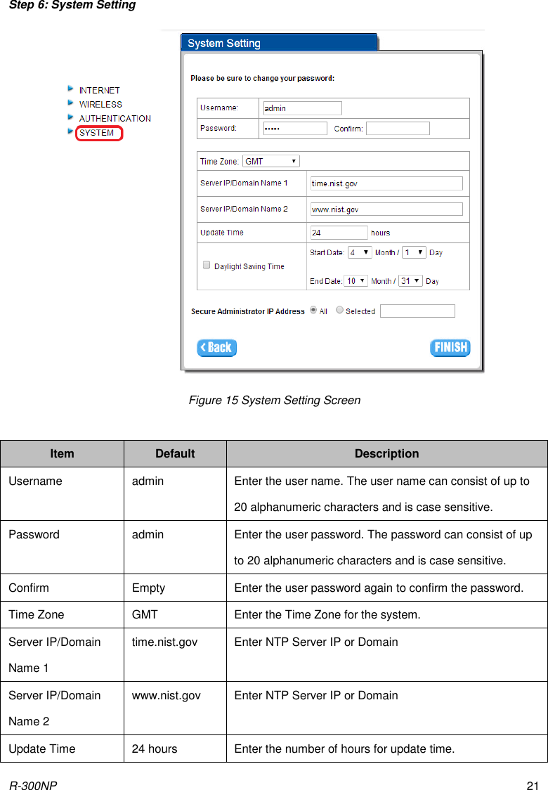 R-300NP 21 Step 6: System Setting  Figure 15 System Setting Screen  Item Default Description Username admin Enter the user name. The user name can consist of up to 20 alphanumeric characters and is case sensitive. Password admin Enter the user password. The password can consist of up to 20 alphanumeric characters and is case sensitive. Confirm Empty Enter the user password again to confirm the password. Time Zone GMT Enter the Time Zone for the system. Server IP/Domain Name 1 time.nist.gov Enter NTP Server IP or Domain Server IP/Domain Name 2 www.nist.gov Enter NTP Server IP or Domain Update Time 24 hours Enter the number of hours for update time. 