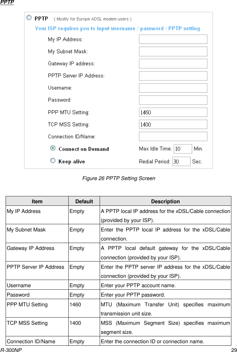 R-300NP 29 PPTP  Figure 26 PPTP Setting Screen  Item Default Description My IP Address Empty A PPTP local IP address for the xDSL/Cable connection (provided by your ISP). My Subnet Mask Empty Enter  the  PPTP  local  IP  address  for  the  xDSL/Cable connection. Gateway IP Address Empty A  PPTP  local  default  gateway  for  the  xDSL/Cable connection (provided by your ISP). PPTP Server IP Address Empty Enter the PPTP server IP address for the xDSL/Cable connection (provided by your ISP). Username Empty Enter your PPTP account name.   Password Empty Enter your PPTP password.   PPP MTU Setting 1460 MTU  (Maximum  Transfer  Unit)  specifies  maximum transmission unit size. TCP MSS Setting 1400 MSS  (Maximum  Segment  Size)  specifies  maximum segment size. Connection ID/Name Empty Enter the connection ID or connection name.   