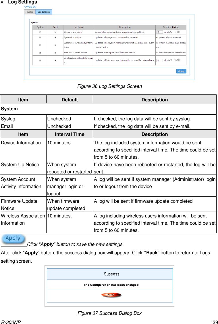 R-300NP 39  Log Settings  Figure 36 Log Settings Screen Click “Apply” button to save the new settings. After click “Apply” button, the success dialog box will appear. Click “Back” button to return to Logs setting screen.  Figure 37 Success Dialog Box Item Default Description System Syslog Unchecked If checked, the log data will be sent by syslog. Email Unchecked If checked, the log data will be sent by e-mail. Item Interval Time Description Device Information 10 minutes The log included system information would be sent according to specified interval time. The time could be set from 5 to 60 minutes. System Up Notice When system rebooted or restarted If device have been rebooted or restarted, the log will be sent. System Account Activity Information When system manager login or logout A log will be sent if system manager (Administrator) login to or logout from the device Firmware Update Notice When firmware update completed A log will be sent if firmware update completed Wireless Association Information 10 minutes. A log including wireless users information will be sent according to specified interval time. The time could be set from 5 to 60 minutes. 