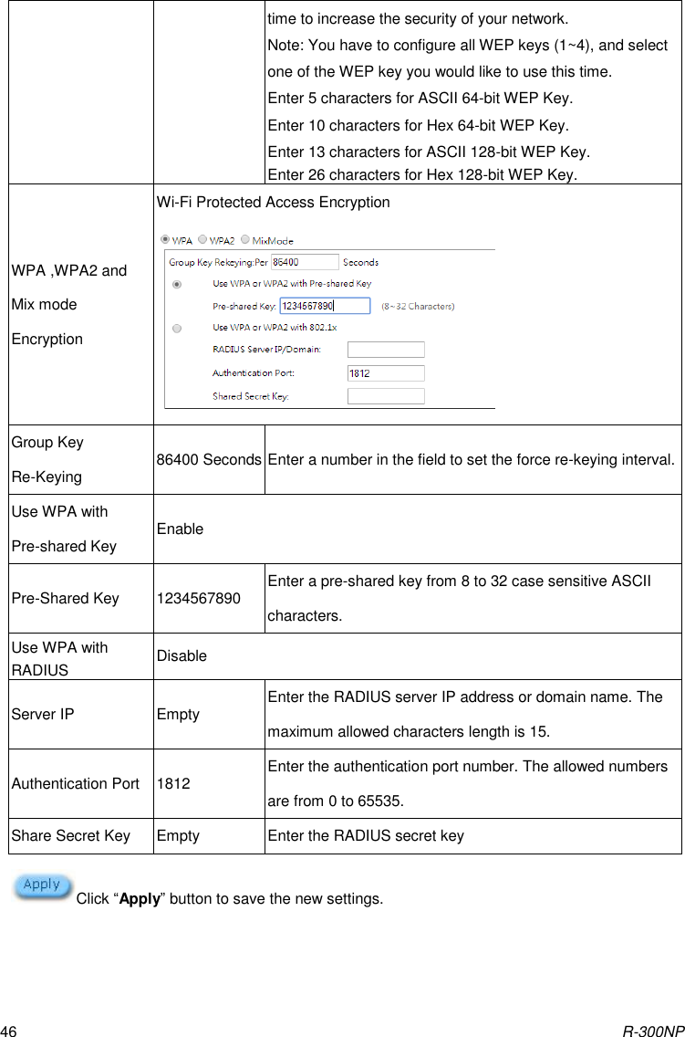 R-300NP 46 time to increase the security of your network. Note: You have to configure all WEP keys (1~4), and select one of the WEP key you would like to use this time. Enter 5 characters for ASCII 64-bit WEP Key. Enter 10 characters for Hex 64-bit WEP Key. Enter 13 characters for ASCII 128-bit WEP Key. Enter 26 characters for Hex 128-bit WEP Key. WPA ,WPA2 and Mix mode   Encryption Wi-Fi Protected Access Encryption  Group Key Re-Keying 86400 Seconds Enter a number in the field to set the force re-keying interval. Use WPA with Pre-shared Key Enable Pre-Shared Key 1234567890 Enter a pre-shared key from 8 to 32 case sensitive ASCII characters. Use WPA with RADIUS Disable Server IP Empty Enter the RADIUS server IP address or domain name. The maximum allowed characters length is 15. Authentication Port 1812 Enter the authentication port number. The allowed numbers are from 0 to 65535. Share Secret Key Empty Enter the RADIUS secret key Click “Apply” button to save the new settings.    