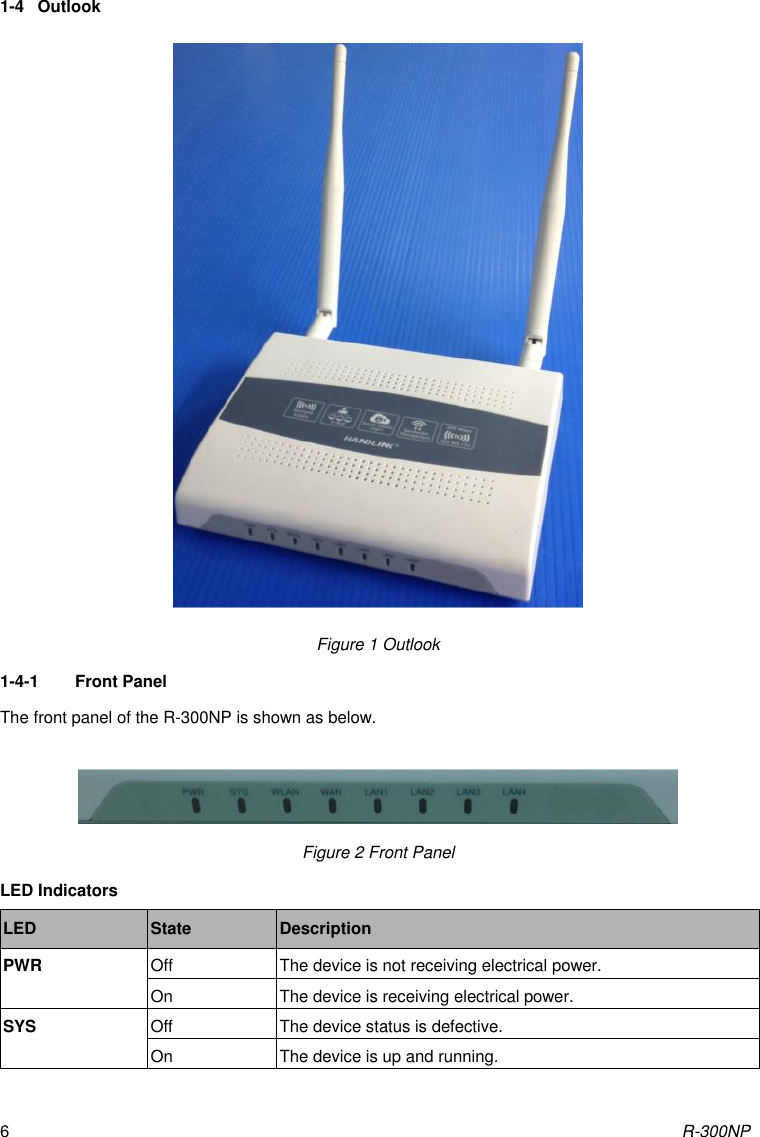 R-300NP 6 1-4  Outlook  Figure 1 Outlook 1-4-1  Front Panel The front panel of the R-300NP is shown as below.   Figure 2 Front Panel LED Indicators LED State Description PWR Off The device is not receiving electrical power. On The device is receiving electrical power. SYS Off The device status is defective. On The device is up and running. 