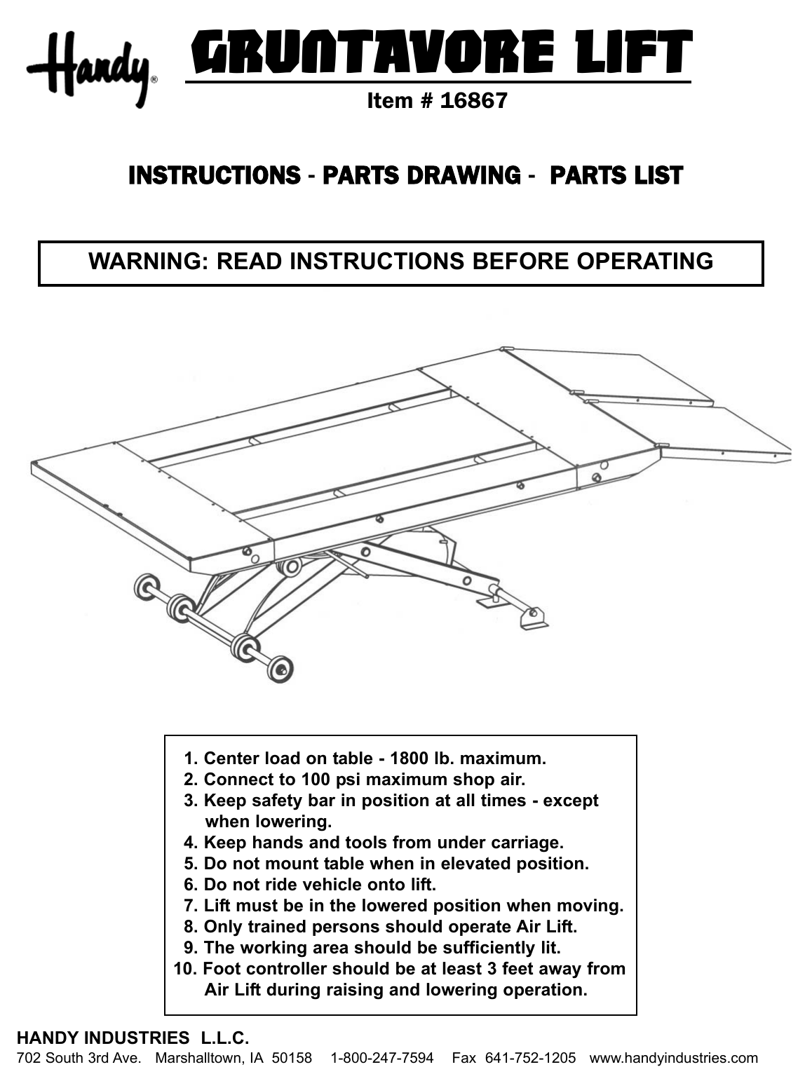 Page 1 of 4 - Handy-Home-Products Handy-Home-Products-Gruntavore-Lift-16867-Users-Manual- 15277 GRUNTAVORE OWNERS MANUAL  Handy-home-products-gruntavore-lift-16867-users-manual