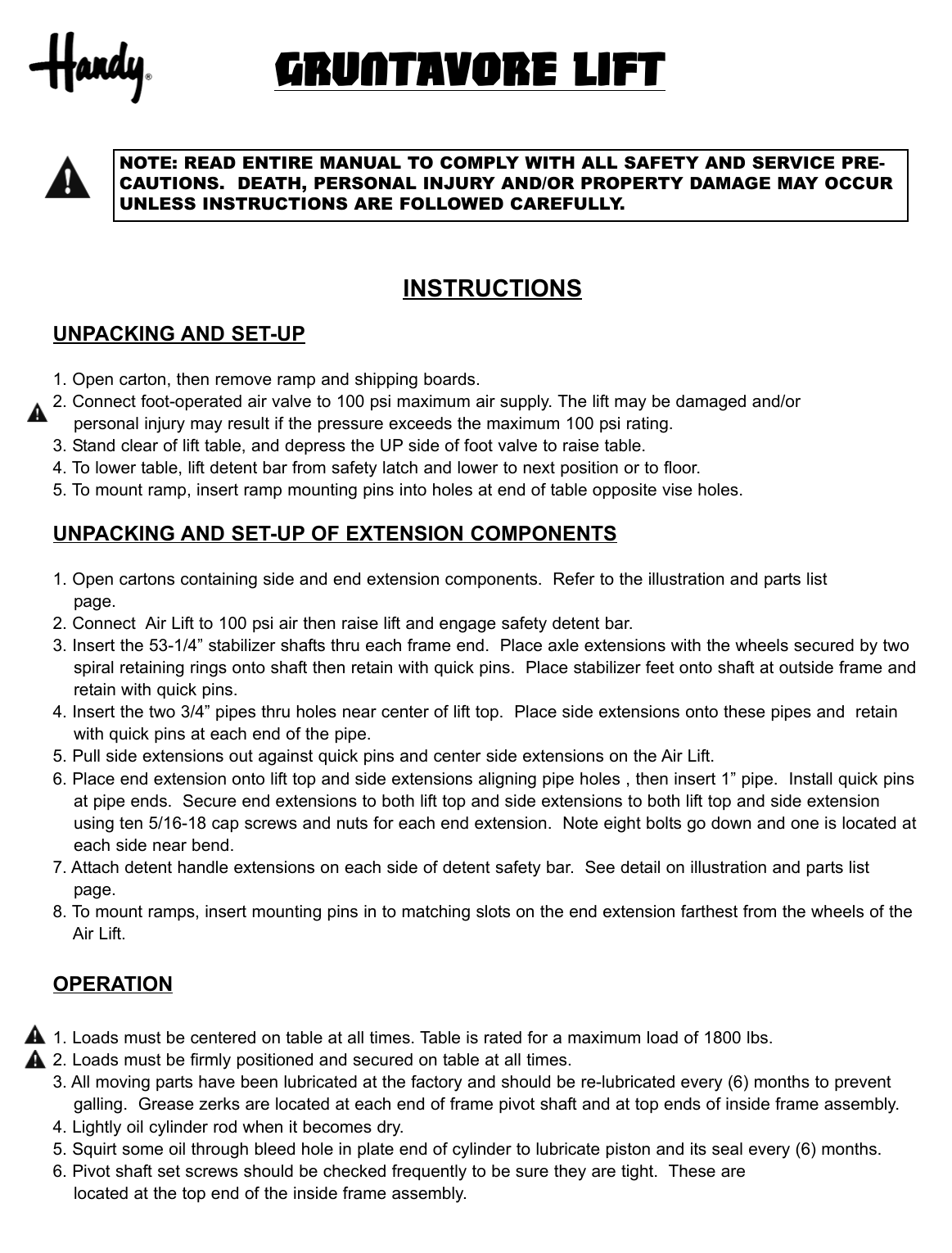 Page 2 of 4 - Handy-Home-Products Handy-Home-Products-Gruntavore-Lift-16867-Users-Manual- 15277 GRUNTAVORE OWNERS MANUAL  Handy-home-products-gruntavore-lift-16867-users-manual