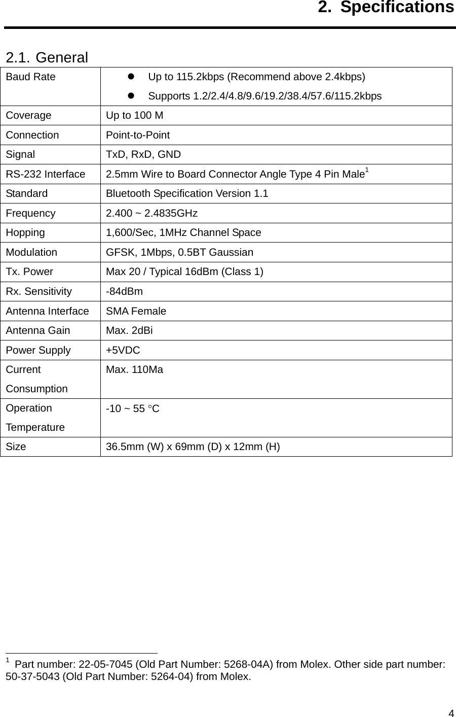  42. Specifications 2.1. General Baud Rate  z  Up to 115.2kbps (Recommend above 2.4kbps) z Supports 1.2/2.4/4.8/9.6/19.2/38.4/57.6/115.2kbps  Coverage  Up to 100 M Connection Point-to-Point Signal  TxD, RxD, GND RS-232 Interface  2.5mm Wire to Board Connector Angle Type 4 Pin Male1 Standard  Bluetooth Specification Version 1.1 Frequency  2.400 ~ 2.4835GHz Hopping  1,600/Sec, 1MHz Channel Space Modulation  GFSK, 1Mbps, 0.5BT Gaussian Tx. Power  Max 20 / Typical 16dBm (Class 1) Rx. Sensitivity  -84dBm Antenna Interface  SMA Female Antenna Gain  Max. 2dBi Power Supply  +5VDC Current Consumption Max. 110Ma Operation Temperature -10 ~ 55 °C Size  36.5mm (W) x 69mm (D) x 12mm (H)                                                               1  Part number: 22-05-7045 (Old Part Number: 5268-04A) from Molex. Other side part number: 50-37-5043 (Old Part Number: 5264-04) from Molex.   