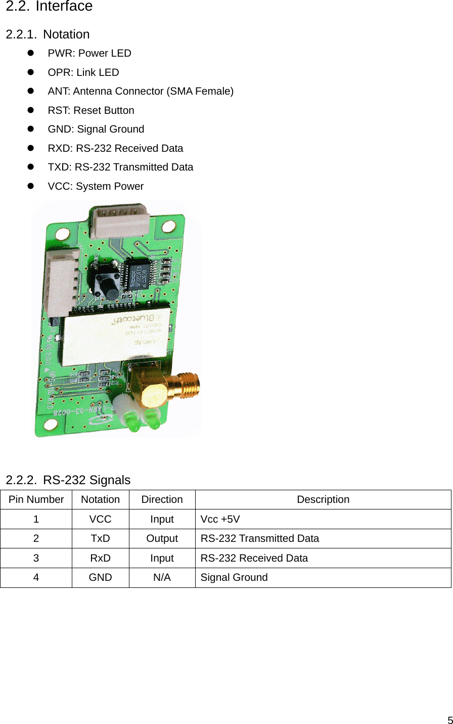     52.2. Interface 2.2.1. Notation z PWR: Power LED z  OPR: Link LED z  ANT: Antenna Connector (SMA Female) z  RST: Reset Button z  GND: Signal Ground z  RXD: RS-232 Received Data z TXD: RS-232 Transmitted Data z  VCC: System Power   2.2.2. RS-232 Signals Pin Number  Notation  Direction  Description 1 VCC Input Vcc +5V 2 TxD Output RS-232 Transmitted Data 3  RxD  Input  RS-232 Received Data 4 GND N/A Signal Ground      