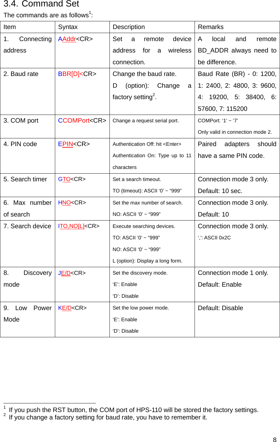  83.4. Command Set The commands are as follows1: Item Syntax Description  Remarks 1. Connecting address AAddr&lt;CR&gt;  Set a remote device address for a wireless connection. A local and remote BD_ADDR always need to be difference. 2. Baud rate  BBR[D]&lt;CR&gt;  Change the baud rate.   D (option): Change a factory setting2. Baud Rate (BR) - 0: 1200, 1: 2400, 2: 4800, 3: 9600, 4: 19200, 5: 38400, 6: 57600, 7: 115200 3. COM port  CCOMPort&lt;CR&gt;  Change a request serial port.  COMPort: ‘1’ ~ ‘7’ Only valid in connection mode 2. 4. PIN code  EPIN&lt;CR&gt; Authentication Off: hit &lt;Enter&gt; Authentication On: Type up to 11 characters Paired adapters should have a same PIN code. 5. Search timer  GTO&lt;CR&gt; Set a search timeout. TO (timeout): ASCII ‘0’ ~ “999” Connection mode 3 only. Default: 10 sec. 6. Max number of search HNO&lt;CR&gt; Set the max number of search. NO: ASCII ‘0’ ~ “999” Connection mode 3 only. Default: 10 7. Search device  ITO,NO[L]&lt;CR&gt; Execute searching devices. TO: ASCII ‘0’ ~ “999” NO: ASCII ‘0’ ~ “999” L (option): Display a long form. Connection mode 3 only. ‘,’: ASCII 0x2C 8. Discovery mode JE/D&lt;CR&gt; Set the discovery mode. ‘E’: Enable ‘D’: Disable Connection mode 1 only. Default: Enable 9. Low Power Mode KE/D&lt;CR&gt; Set the low power mode. ‘E’: Enable ‘D’: Disable Default: Disable                                                            1  If you push the RST button, the COM port of HPS-110 will be stored the factory settings. 2  If you change a factory setting for baud rate, you have to remember it. 