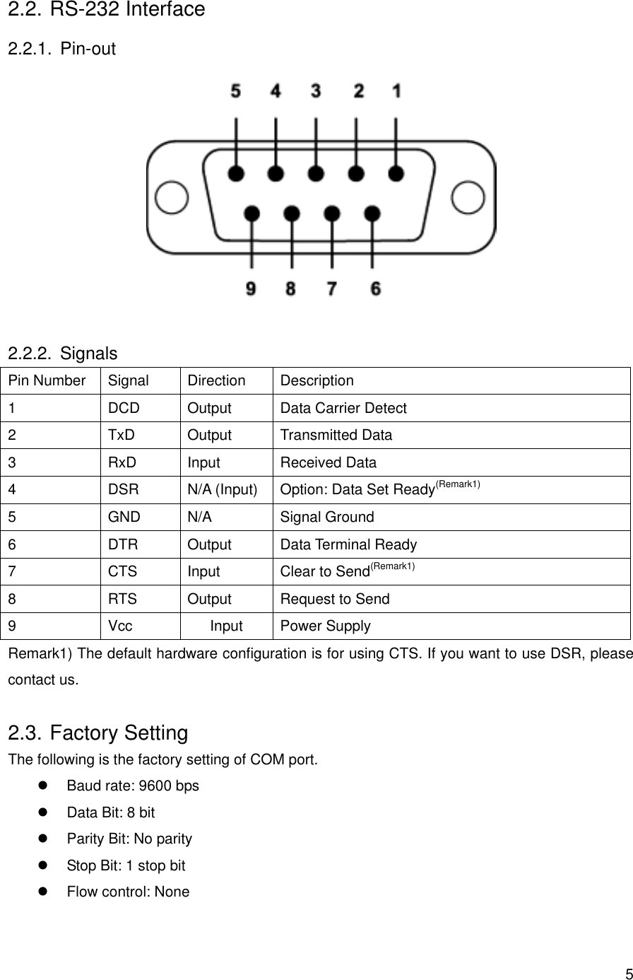       52.2. RS-232 Interface 2.2.1. Pin-out  2.2.2. Signals Pin Number  Signal  Direction  Description 1  DCD  Output  Data Carrier Detect 2 TxD Output Transmitted Data 3 RxD Input Received Data 4  DSR  N/A (Input)  Option: Data Set Ready(Remark1) 5 GND N/A Signal Ground 6 DTR Output Data Terminal Ready 7  CTS  Input  Clear to Send(Remark1) 8  RTS  Output  Request to Send 9 Vcc Input Power Supply Remark1) The default hardware configuration is for using CTS. If you want to use DSR, please contact us. 2.3. Factory Setting The following is the factory setting of COM port.   Baud rate: 9600 bps   Data Bit: 8 bit   Parity Bit: No parity   Stop Bit: 1 stop bit   Flow control: None 