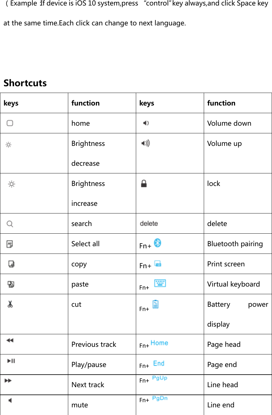 （Example：If device is iOS 10 system,press “control”key always,and click Space key at the same time.Each click can change to next language.   Shortcuts   keys function keys function     home     Volume down  Brightness decrease  Volume up  Brightness increase     lock  search  delete     Select all Fn+     Bluetooth pairing     copy Fn+     Print screen     paste Fn+      Virtual keyboard     cut Fn+    Battery power display   Previous track Fn+   Page head   Play/pause Fn+   Page end   Next track Fn+   Line head   mute Fn+    Line end  