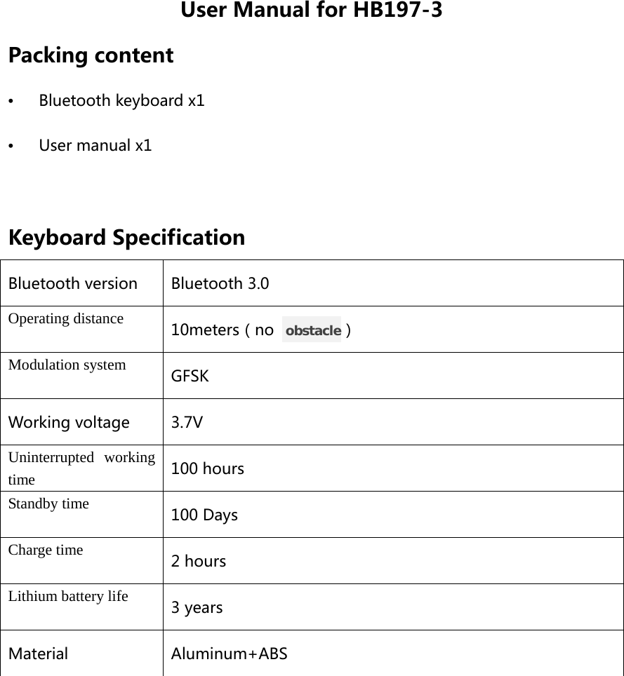 Page 1 of Hangshi Electronic Technology HB197-3-L Bluetooth Keyboard User Manual 