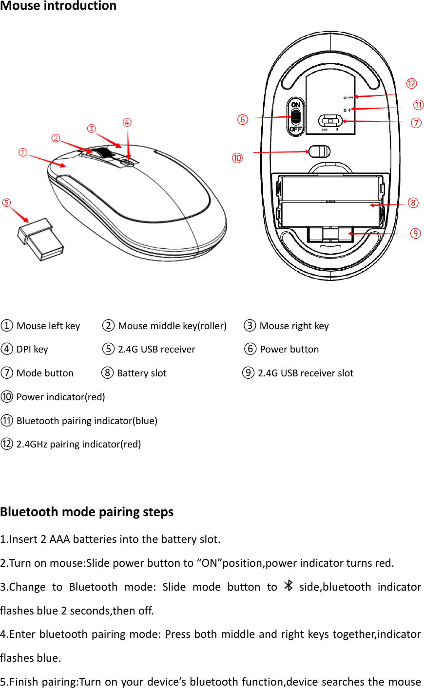 Mouse introduction   ① Mouse left key     ② Mouse middle key(roller)      ③ Mouse right key ④ DPI key          ⑤ 2.4G USB receiver                  ⑥ Power button ⑦ Mode button     ⑧ Battery slot              ⑨ 2.4G USB receiver slot ⑩ Power indicator(red)       ⑪ Bluetooth pairing indicator(blue)    ⑫ 2.4GHz pairing indicator(red)   Bluetooth mode pairing steps 1.Insert 2 AAA batteries into the battery slot. 2.Turn on mouse:Slide power button to “ON”position,power indicator turns red. 3.Change  to  Bluetooth  mode:  Slide  mode  button  to    side,bluetooth  indicator flashes blue 2 seconds,then off. 4.Enter bluetooth pairing mode: Press both middle and right keys together,indicator flashes blue. 5.Finish pairing:Turn on your device’s bluetooth function,device searches the mouse ⑥ ⑦ ⑧ ⑨ ⑩ ⑪ ⑫ 