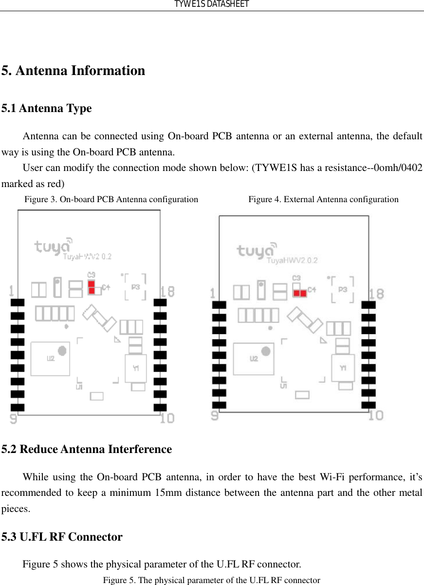 TYWE1S DATASHEET  5. Antenna Information  5.1 Antenna Type  Antenna can be connected using On-board PCB antenna or an external antenna, the default way is using the On-board PCB antenna. User can modify the connection mode shown below: (TYWE1S has a resistance--0omh/0402 marked as red) Figure 3. On-board PCB Antenna configuration           Figure 4. External Antenna configuration         5.2 Reduce Antenna Interference While using the On-board PCB antenna, in order to have the best Wi-Fi performance, it’s recommended to keep a minimum 15mm distance between the antenna part and the other metal pieces.  5.3 U.FL RF Connector Figure 5 shows the physical parameter of the U.FL RF connector. Figure 5. The physical parameter of the U.FL RF connector 