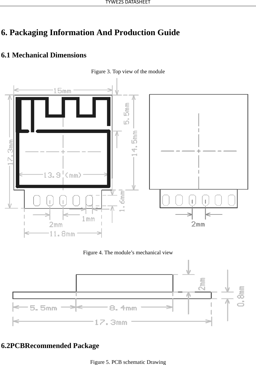 TYWE2SDATASHEET6. Packaging Information And Production Guide6.1 Mechanical Dimensions Figure 3. Top view of the module Figure 4. The module’s mechanical view 6.2PCBRecommended Package Figure 5. PCB schematic Drawing 