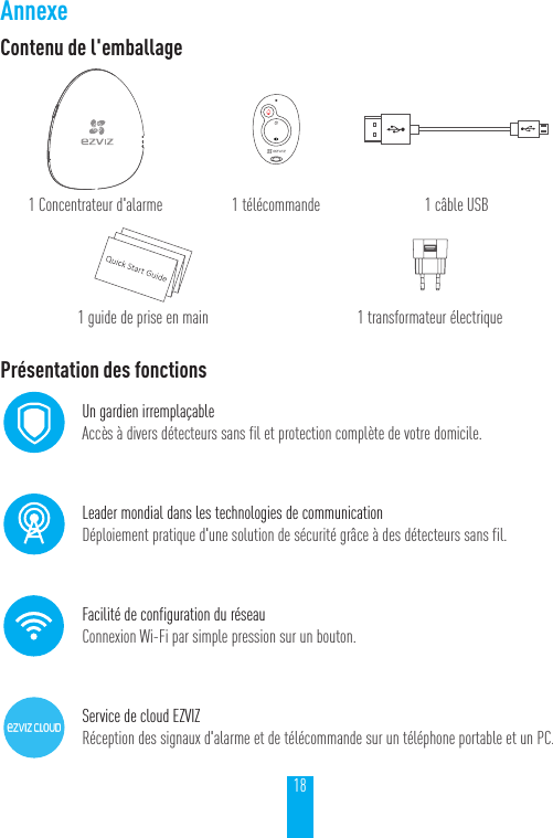 18AnnexeContenu de l'emballage1 Concentrateur d'alarme 1 t&eacute;l&eacute;commande 1 c&acirc;ble USB1 guide de prise en main 1 transformateur &eacute;lectriquePr&eacute;sentation des fonctionsUn gardien irrempla&ccedil;ableAcc&egrave;s &agrave; divers d&eacute;tecteurs sans fil et protection compl&egrave;te de votre domicile.Leader mondial dans les technologies de communicationD&eacute;ploiement pratique d'une solution de s&eacute;curit&eacute; gr&acirc;ce &agrave; des d&eacute;tecteurs sans fil.Facilit&eacute; de configuration du r&eacute;seauConnexion Wi-Fi par simple pression sur un bouton.Service de cloud EZVIZR&eacute;ception des signaux d'alarme et de t&eacute;l&eacute;commande sur un t&eacute;l&eacute;phone portable et un PC.