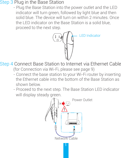 5Step 3 Plug in the Base Station- Plug the Base Station into the power outlet and the LED indicator will turn green, followed by light blue and then solid blue. The device will turn on within 2 minutes. Once the LED indicator on the Base Station is a solid blue, proceed to the next step.Step 4 Connect Base Station to Internet via Ethernet Cable(for Connection via Wi-Fi, please see page 9)- Connect the base station to your Wi-Fi router by inserting the Ethernet cable into the bottom of the Base Station as shown below. - Proceed to the next step. The Base Station LED indicator will display steady green.Power OutletNetwork CableLED IndicatorPOWER WAN LAN2 LAN4LAN1 LAN3 WPS/RESET