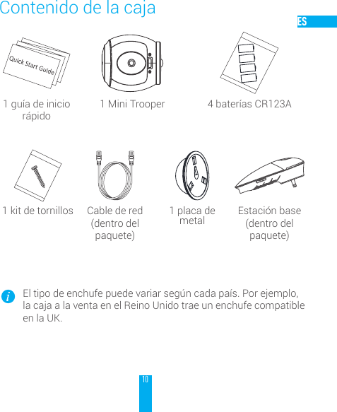 10ESContenido de la caja1 gu&iacute;a de inicio r&aacute;pido1 Mini Trooper 4 bater&iacute;as CR123A1 kit de tornillos Cable de red (dentro del paquete)1 placa de metal Estaci&oacute;n base (dentro del paquete)El tipo de enchufe puede variar seg&uacute;n cada pa&iacute;s. Por ejemplo, la caja a la venta en el Reino Unido trae un enchufe compatible en la UK.