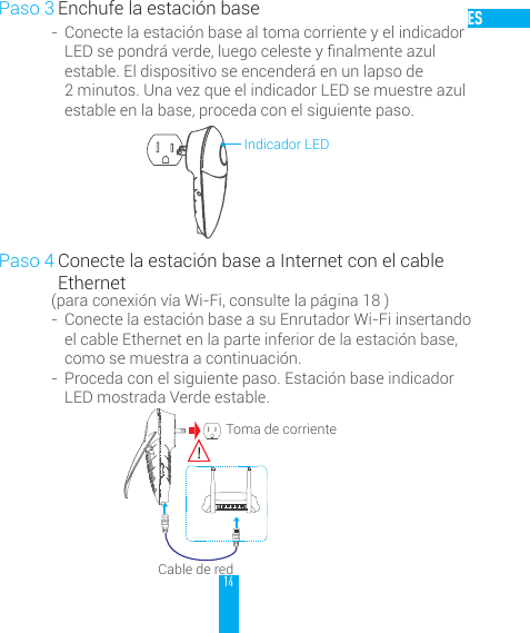14ESPaso 3 Enchufe la estaci&oacute;n base-  Conecte la estaci&oacute;n base al toma corriente y el indicador LEDsepondr&aacute;verde,luegocelesteynalmenteazulestable. El dispositivo se encender&aacute; en un lapso de 2 minutos. Una vez que el indicador LED se muestre azul estable en la base, proceda con el siguiente paso.Indicador LEDPaso 4 Conecte la estaci&oacute;n base a Internet con el cable Ethernet(para conexi&oacute;n v&iacute;a Wi-Fi, consulte la p&aacute;gina 18 )-  Conecte la estaci&oacute;n base a su Enrutador Wi-Fi insertando el cable Ethernet en la parte inferior de la estaci&oacute;n base, como se muestra a continuaci&oacute;n. -  Proceda con el siguiente paso. Estaci&oacute;n base indicador LED mostrada Verde estable. Toma de corrienteCable de redPOWER WAN LAN2 LAN4LAN1 LAN3 WPS/RESET