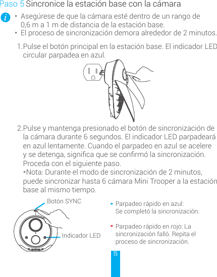 15Paso 5 Sincronice la estaci&oacute;n base con la c&aacute;mara&bull; Aseg&uacute;rese de que la c&aacute;mara est&eacute; dentro de un rango de 0,6 m a 1 m de distancia de la estaci&oacute;n base. &bull; El proceso de sincronizaci&oacute;n demora alrededor de 2 minutos. 1. Pulse el bot&oacute;n principal en la estaci&oacute;n base. El indicador LED circular parpadea en azul.2. Pulse y mantenga presionado el bot&oacute;n de sincronizaci&oacute;n de la c&aacute;mara durante 6 segundos. El indicador LED parpadear&aacute; en azul lentamente. Cuando el parpadeo en azul se acelere ysedetenga,signicaqueseconrm&oacute;lasincronizaci&oacute;n.Proceda con el siguiente paso. *Nota: Durante el modo de sincronizaci&oacute;n de 2 minutos, puede sincronizar hasta 6 c&aacute;mara Mini Trooper a la estaci&oacute;n base al mismo tiempo. Parpadeo r&aacute;pido en azul:Se complet&oacute; la sincronizaci&oacute;n.Parpadeo r&aacute;pido en rojo: La sincronizaci&oacute;n fall&oacute;. Repita el proceso de sincronizaci&oacute;n. Indicador LEDBot&oacute;n SYNC