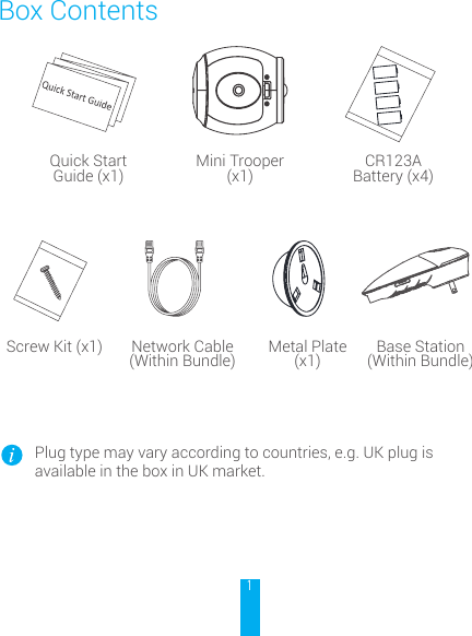 1Box ContentsQuick Start Guide (x1)Screw Kit (x1)Mini Trooper (x1)Network Cable (Within Bundle)CR123ABattery (x4)Metal Plate  (x1) Base Station (Within Bundle)Plug type may vary according to countries, e.g. UK plug is available in the box in UK market.