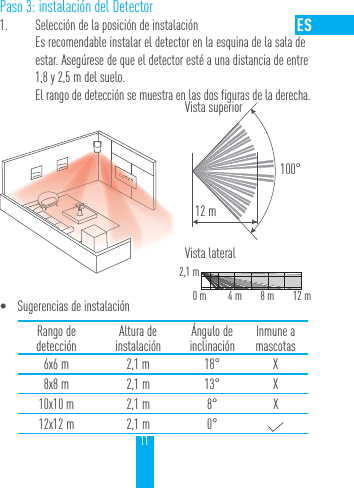 11Paso 3: instalaci&oacute;n del Detector1.  Selecci&oacute;n de la posici&oacute;n de instalaci&oacute;nEs recomendable instalar el detector en la esquina de la sala de estar. Aseg&uacute;rese de que el detector est&eacute; a una distancia de entre 1,8 y 2,5 m del suelo. El rango de detecci&oacute;n se muestra en las dos figuras de la derecha.&bull; Sugerencias de instalaci&oacute;nRango de detecci&oacute;n Altura de  instalaci&oacute;n &Aacute;ngulo de inclinaci&oacute;n Inmune a mascotas6x6 m 2,1 m 18&deg; X8x8 m 2,1 m 13&deg; X10x10 m 2,1 m 8&deg; X12x12 m 2,1 m 0&deg;Vista superiorVista lateral12 m100&deg;2,1 m0 m 12 m8 m4 m