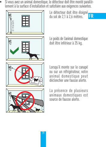 19&bull; Si vous avez un animal domestique, le d&eacute;tecteur doit &ecirc;tre mont&eacute; parall&egrave;-lement &agrave; la surface d&rsquo;installation et satisfaire aux exigences suivantes.Le d&eacute;tecteur doit &ecirc;tre &eacute;loign&eacute; du sol de 2,1 &agrave; 2,6 m&egrave;tres. Le poids de l&rsquo;animal domestique doit &ecirc;tre inf&eacute;rieur &agrave; 25kg.Lorsqu&rsquo;il monte sur le canap&eacute; ou sur un r&eacute;frig&eacute;rateur, votre animal domestique peut d&eacute;clencher une fausse alerte.La pr&eacute;sence de plusieurs  animaux domestiques est source de fausse alerte.