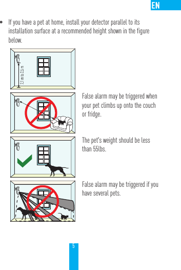 5&bull; If you have a pet at home, install your detector parallel to its installation surface at a recommended height shown in the figure below.False alarm may be triggered when your pet climbs up onto the couch or fridge.The pet's weight should be less than 55lbs.False alarm may be triggered if you have several pets.