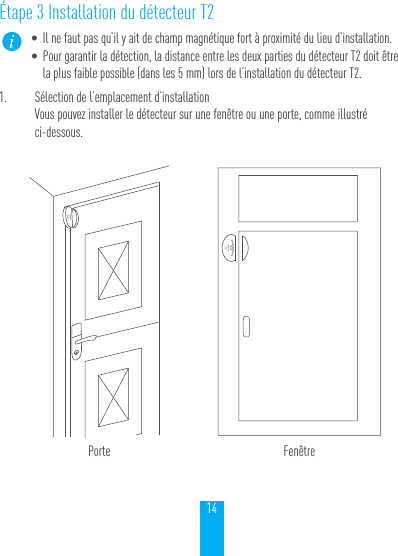 14&Eacute;tape 3 Installation du d&eacute;tecteur T2&bull; Il ne faut pas qu&rsquo;il y ait de champ magn&eacute;tique fort &agrave; proximit&eacute; du lieu d&rsquo;installation.&bull; Pour garantir la d&eacute;tection, la distance entre les deux parties du d&eacute;tecteur T2 doit &ecirc;tre la plus faible possible (dans les 5mm) lors de l&rsquo;installation du d&eacute;tecteur T2.1.  S&eacute;lection de l&rsquo;emplacement d&rsquo;installationVous pouvez installer le d&eacute;tecteur sur une fen&ecirc;tre ou une porte, comme illustr&eacute;  ci-dessous.Porte Fen&ecirc;tre