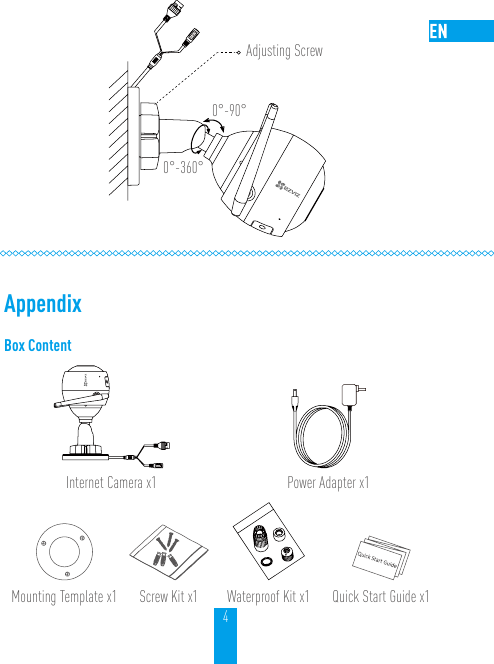 4Adjusting Screw0°-90°0°-360°AppendixBox ContentInternet Camera x1 Power Adapter x1Mounting Template x1 Screw Kit x1 Waterproof Kit x1 Quick Start Guide x1