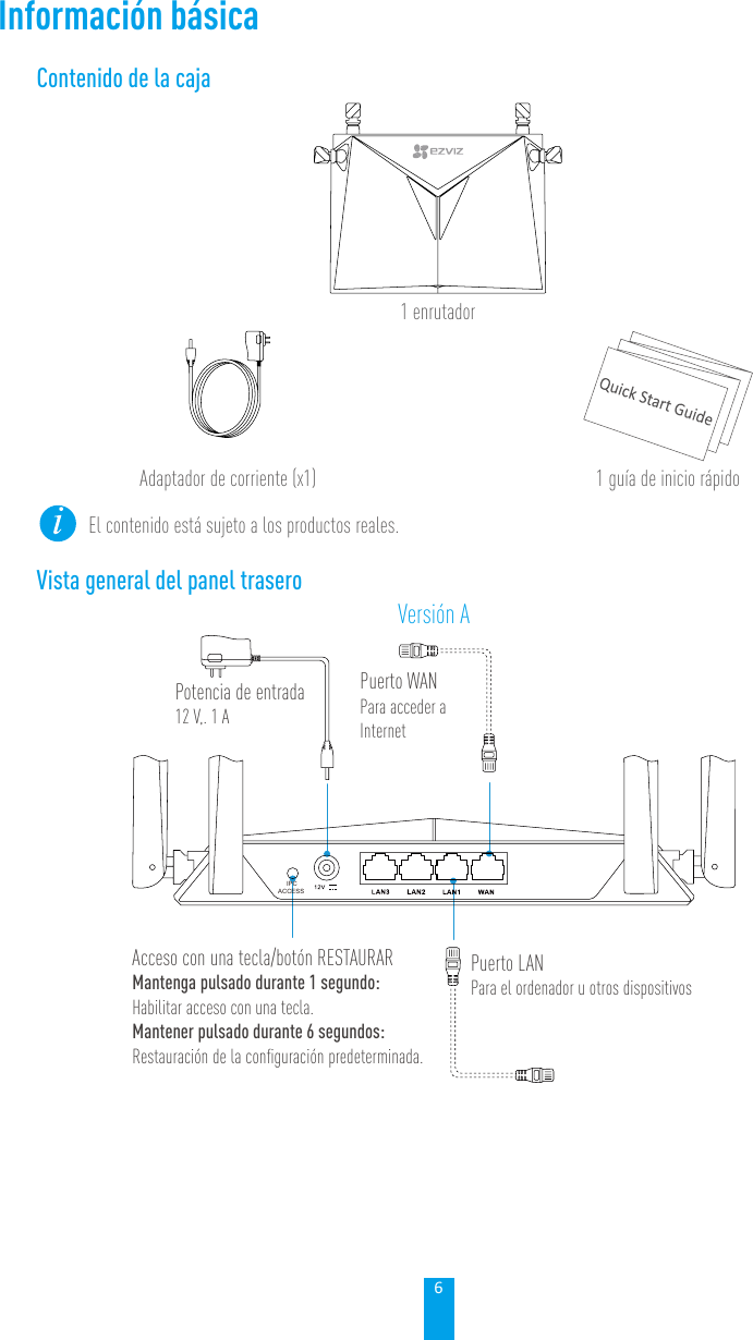 6Información básicaContenido de la caja1 enrutadorAdaptador de corriente (x1) 1 guía de inicio rápidoEl contenido está sujeto a los productos reales. Vista general del panel traseroVersión AIPCACCESSPotencia de entrada 12 V,. 1 AAcceso con una tecla/botón RESTAURARMantenga pulsado durante 1 segundo: Habilitar acceso con una tecla.Mantener pulsado durante 6 segundos: Restauración de la conﬁguración predeterminada.Puerto WANPara acceder a InternetPuerto LANPara el ordenador u otros dispositivos 